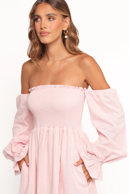 Domenica Shirred Long Sleeve Midi Dress Pink