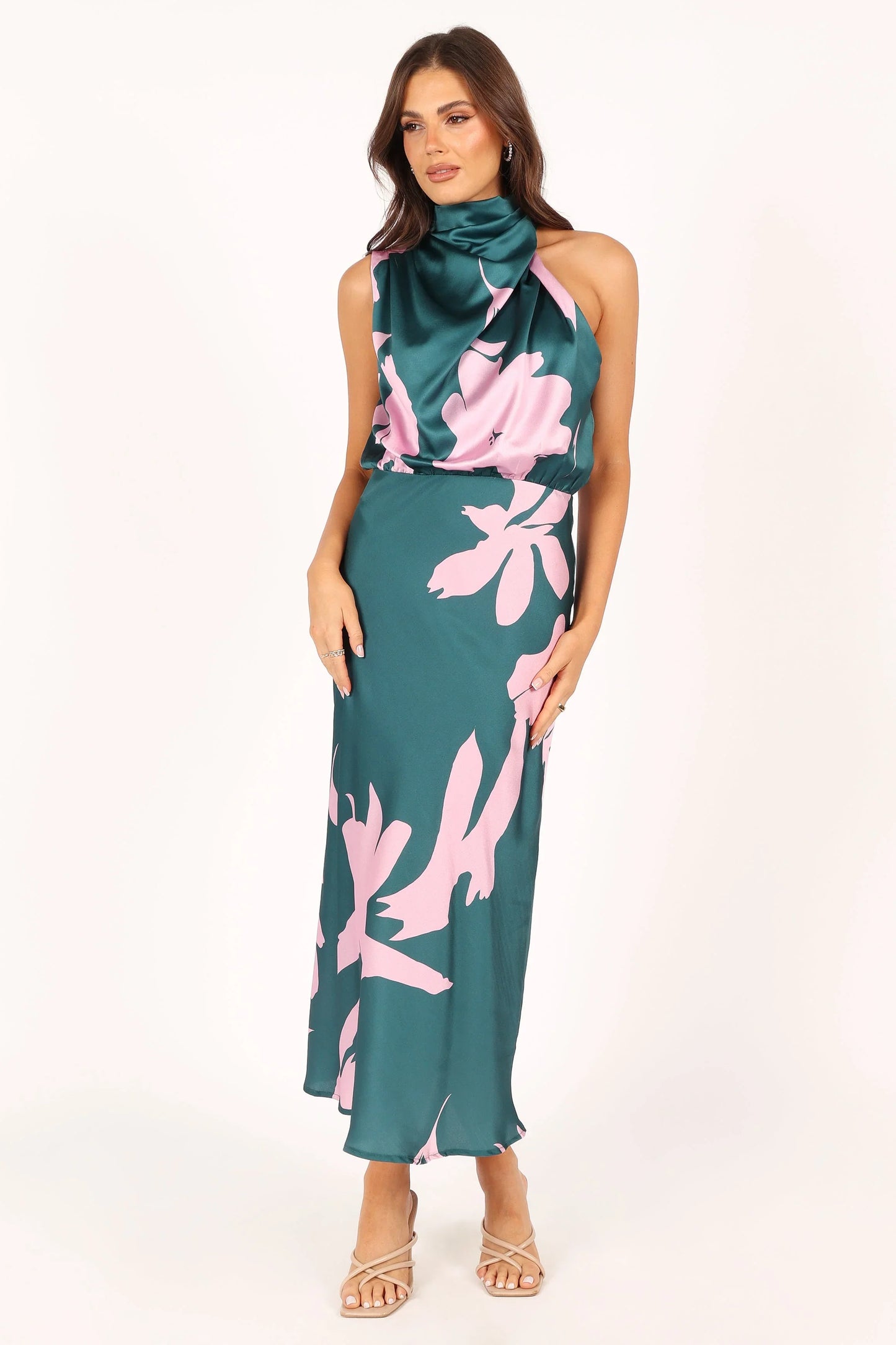 Anabelle Halter Neck Midi Dress Green Pink