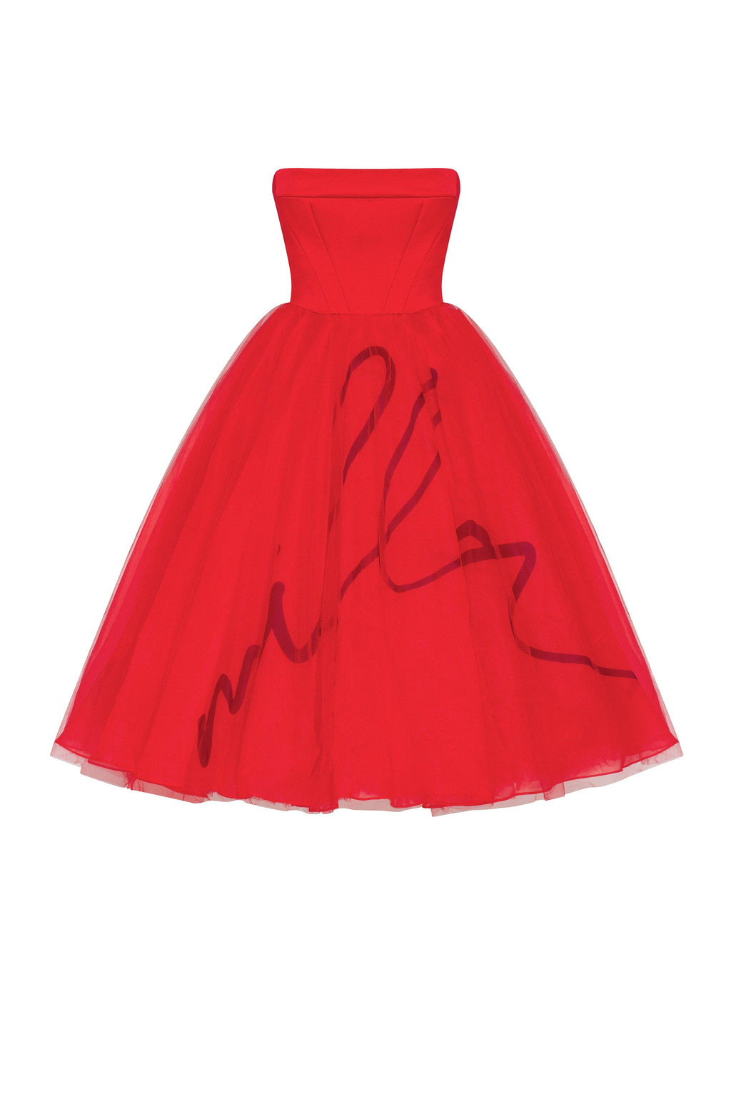 Dramatic red organza dress adorned with Millas signature and black gloves Xo Xo