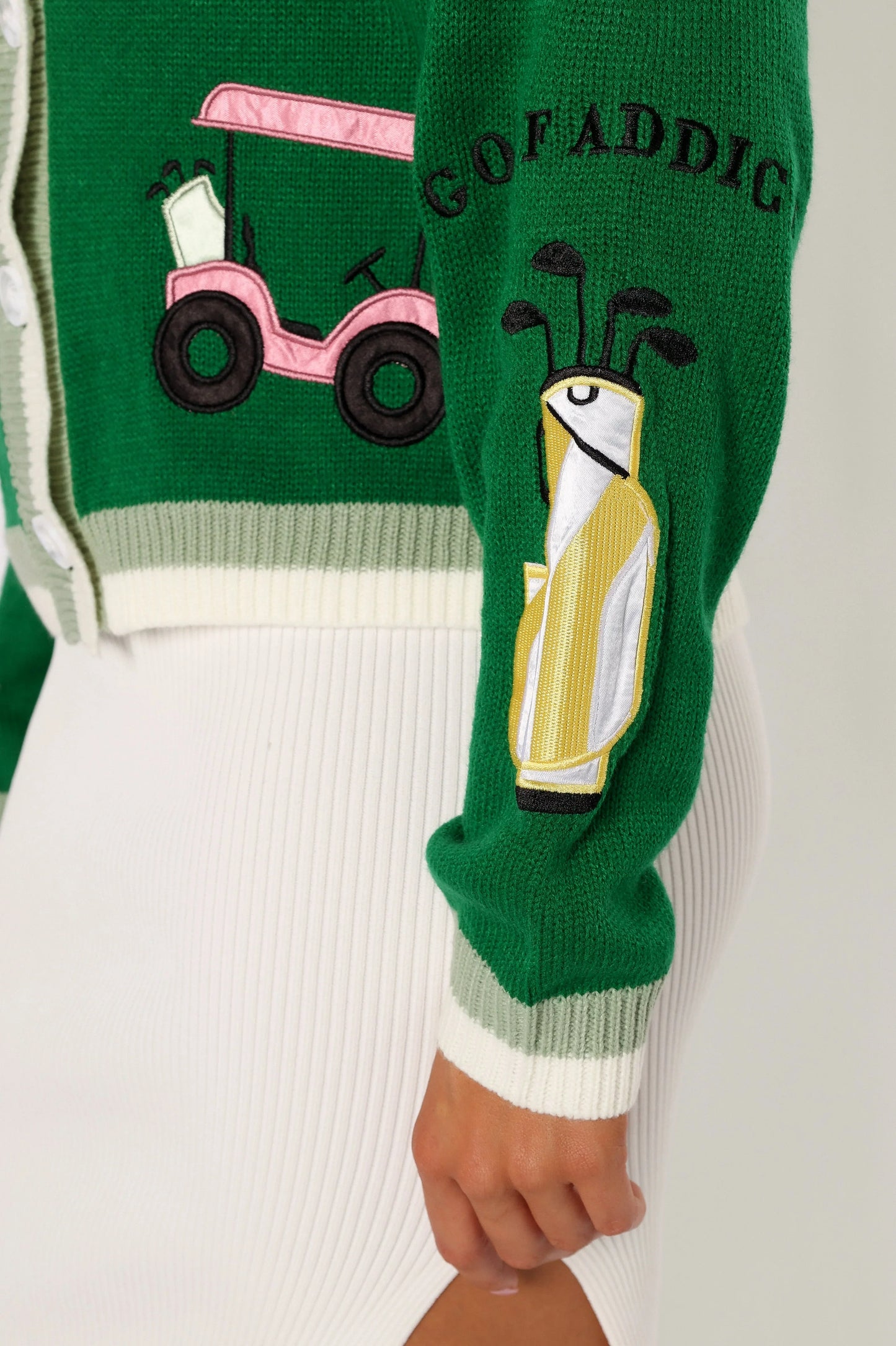 Golf Embroidered Patch Button Front Cardigan Field Green