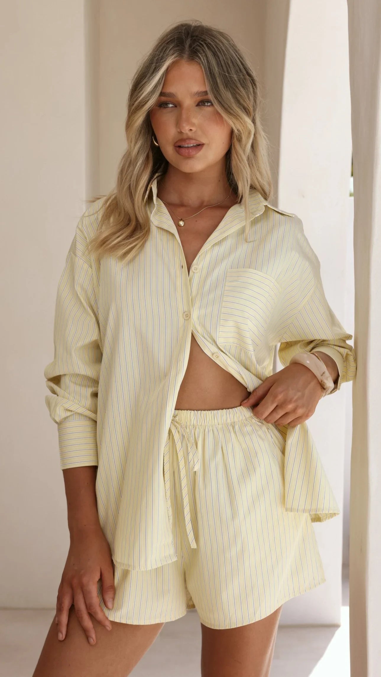 Elita Long Sleeve Button Up Shirt and Shorts Set Yellow White Stripe