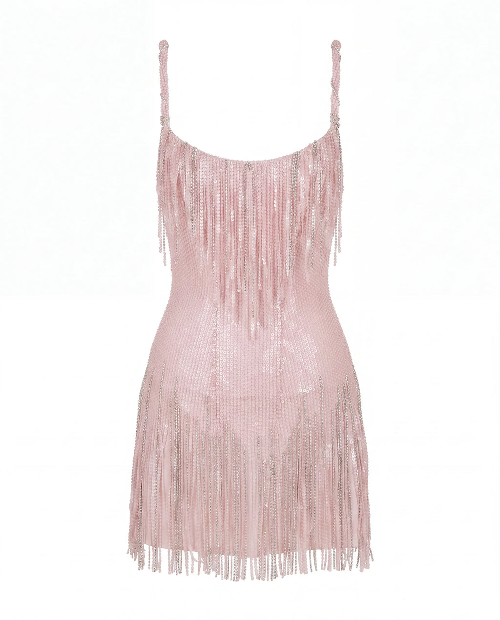 Pink Mini Dress with Fringe and Crystals