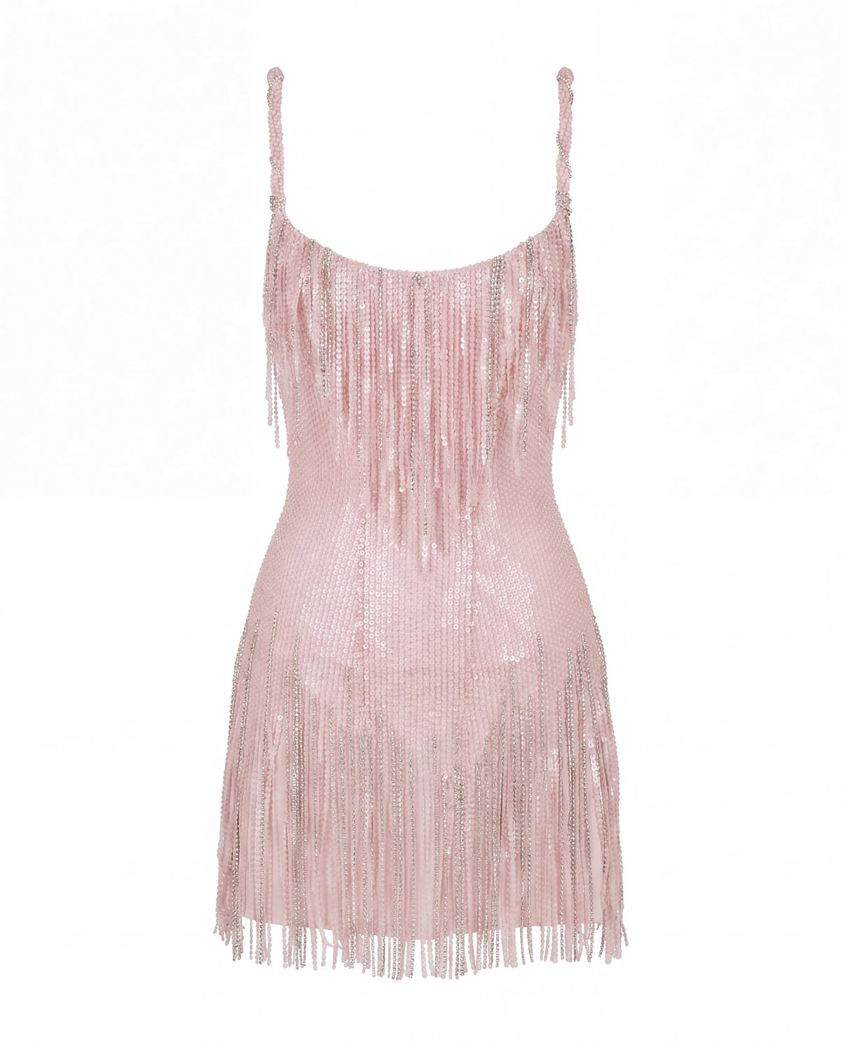 Pink Mini Dress with Fringe and Crystals