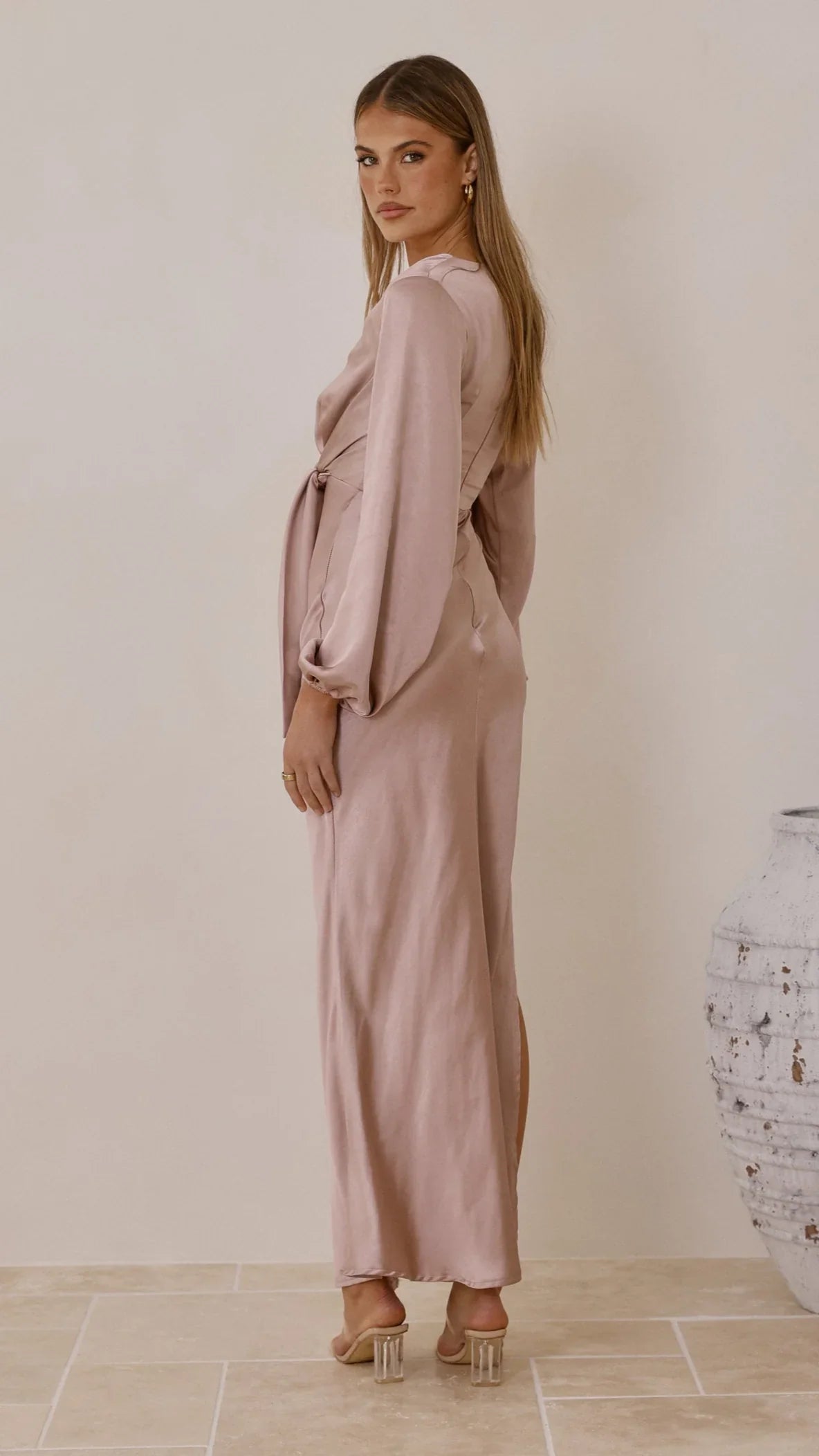 Ivy Long Sleeve Tie Front Maxi Dress Dusty Pink