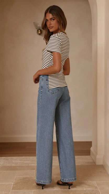Tiarna Side Ruched Tee Black White Stripe