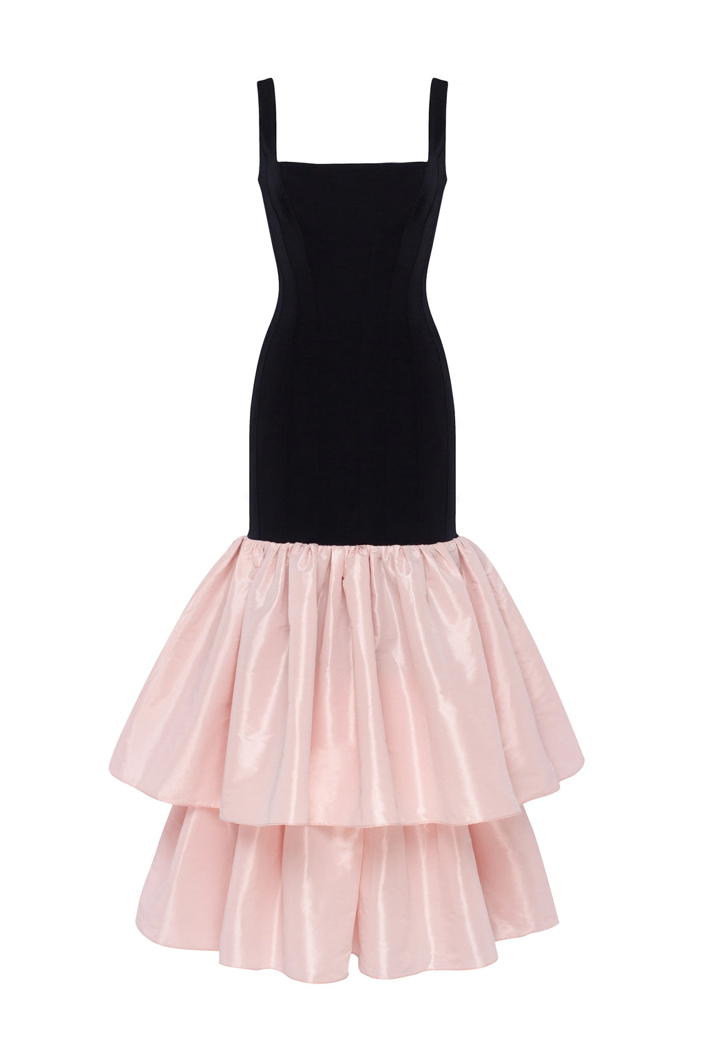 Black fitted maxi dress with pink puffy tiered skirt Parisienne