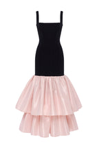 Black fitted maxi dress with pink puffy tiered skirt Parisienne