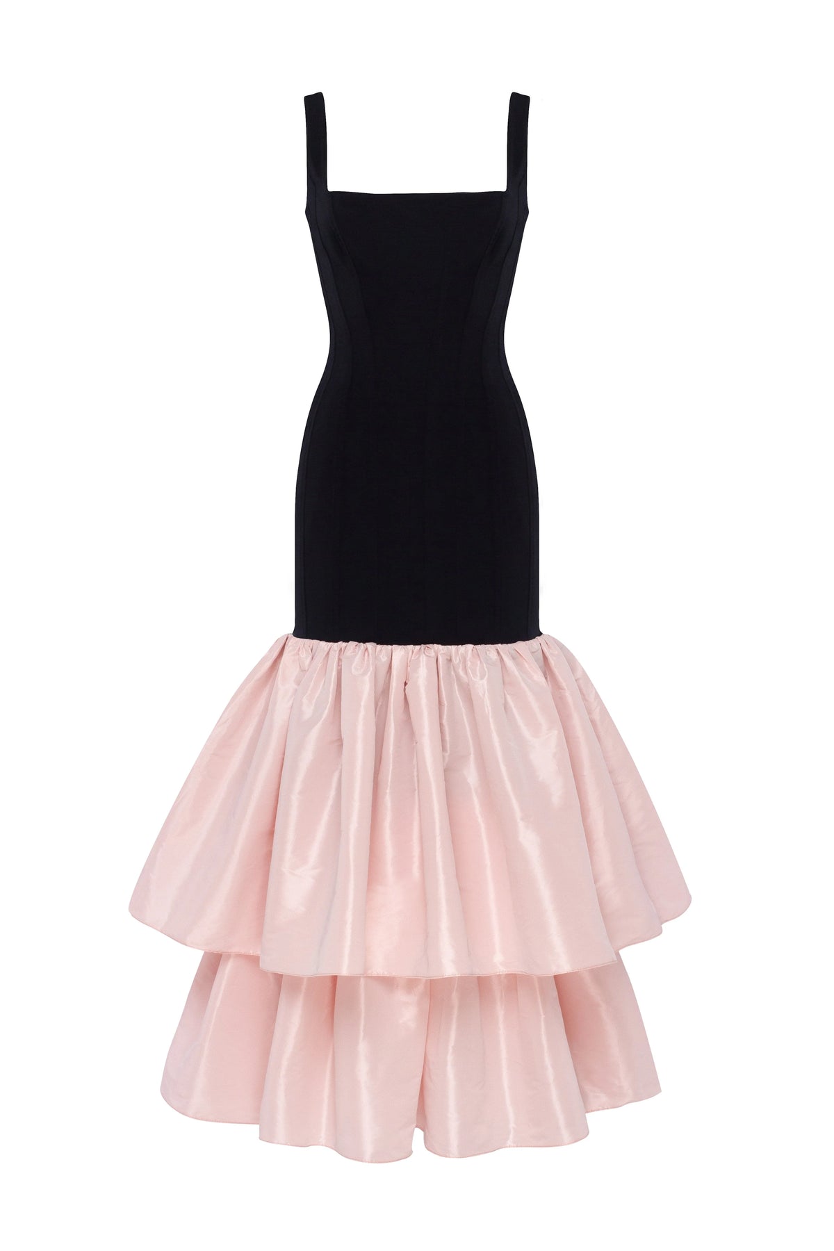 Black fitted maxi dress with pink puffy tiered skirt Parisienne