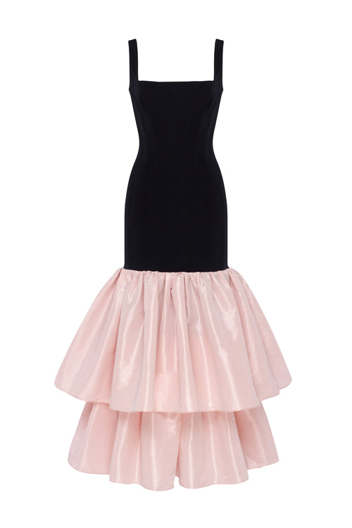 Black fitted maxi dress with pink puffy tiered skirt Parisienne