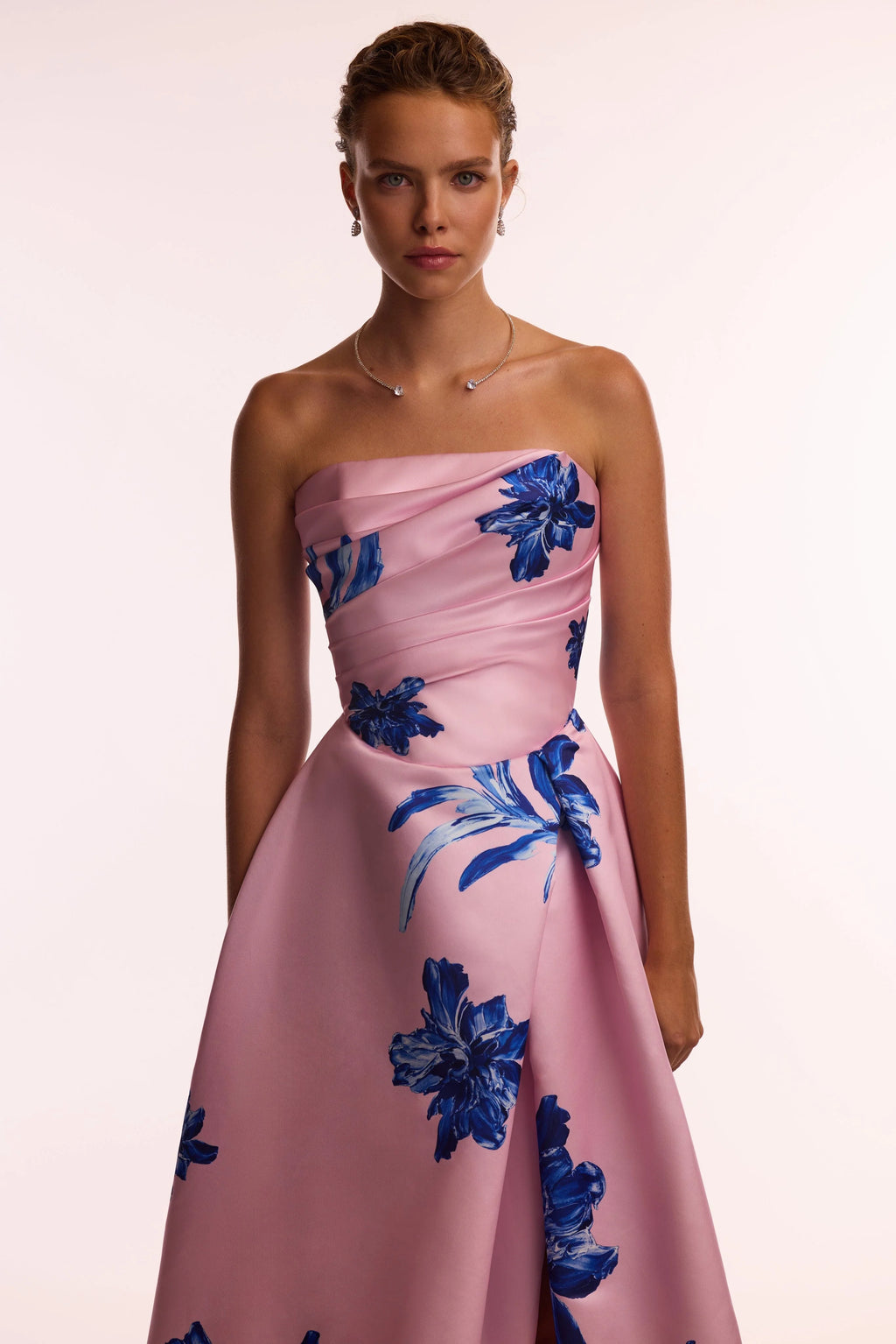 Dainty pink A line maxi dress with blue flowered pattern Glow Up