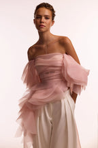Dreamy off shoulder blouse with meringue flounces in misty rose Midnight Walk