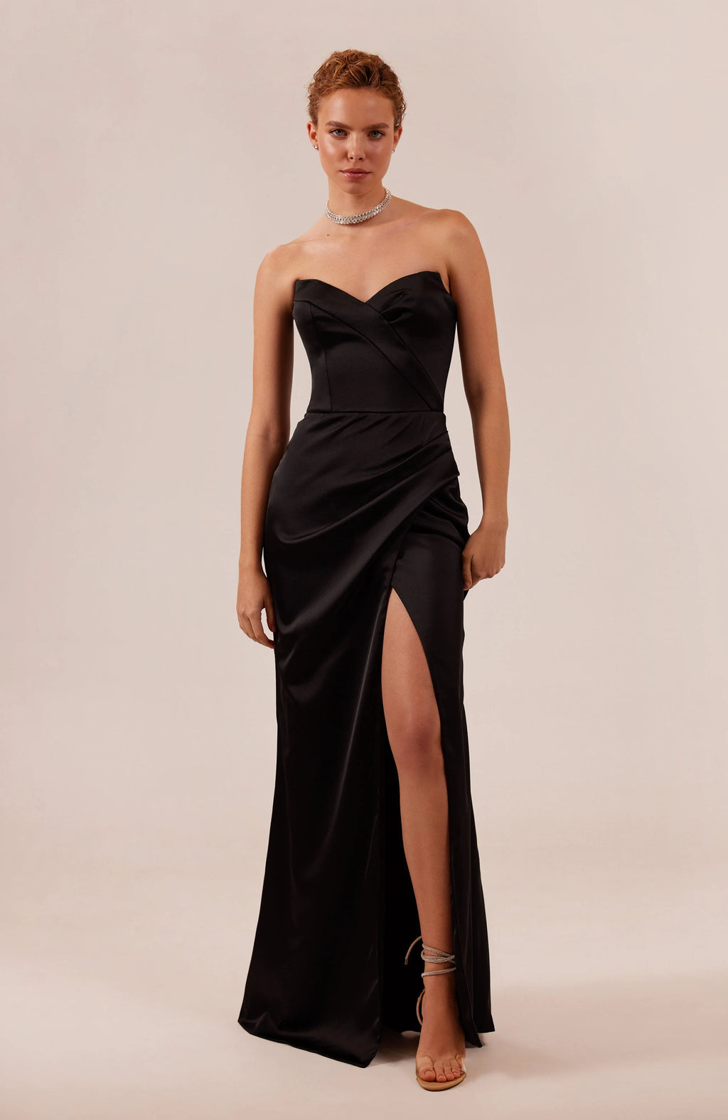 Black Strapless evening gown with thigh slit