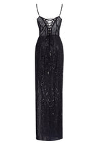 Astonishing sequined maxi gown on spaghetti straps with short briefs