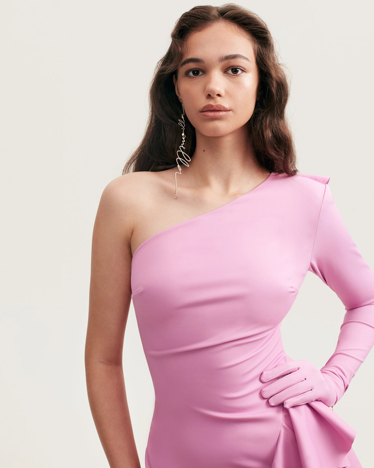 One shoulder ruffle trimmed maxi dress in pink Xo Xo