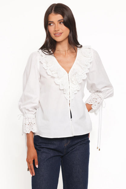 Aelwen Ruffle Blouse White Embroidery