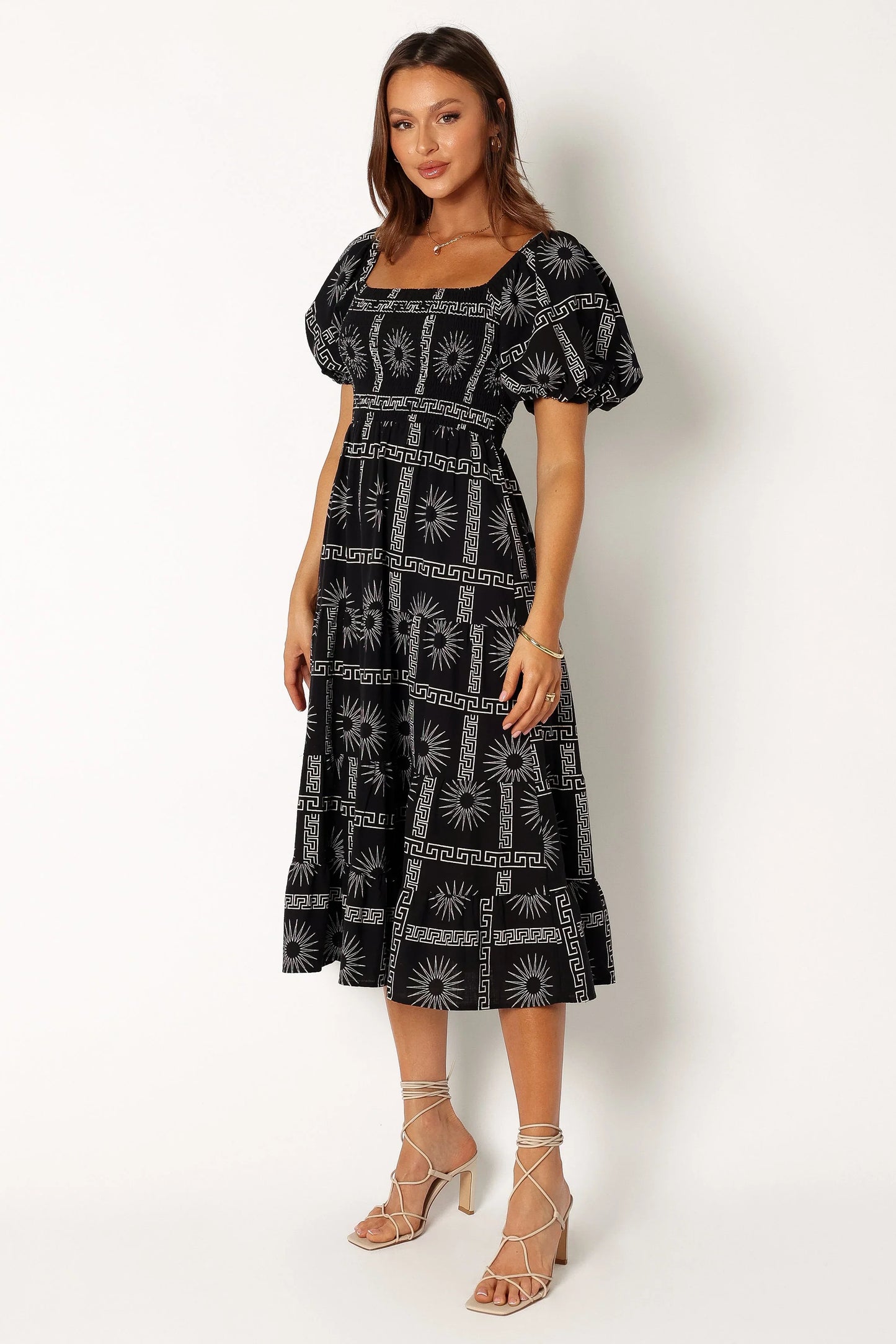Soliel Puff Sleeve Midi Dress Black Tan