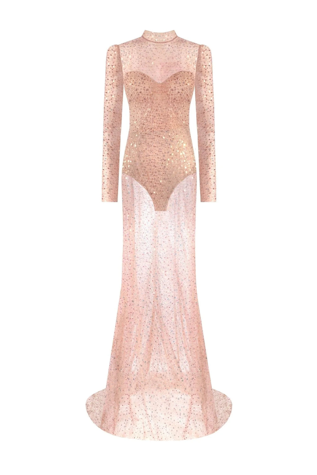 Radiant long sleeved maxi dress in rose gold