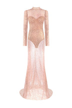 Radiant long sleeved maxi dress in rose gold