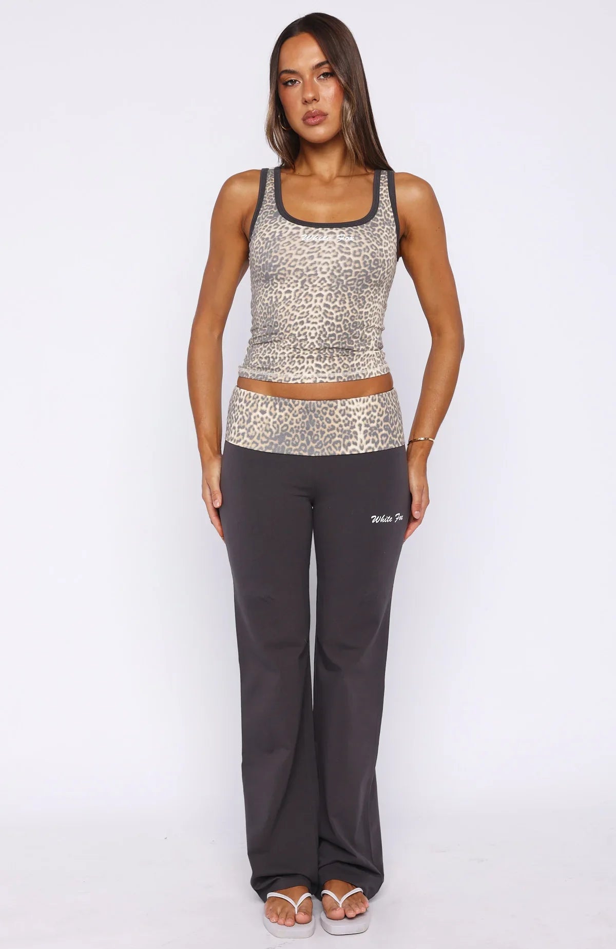 My Own Sunshine Fold Over Pants Charcoal Leopard Print