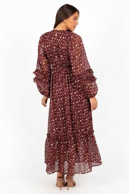 Evian Long Sleeve Maxi Dress Burgundy Multi