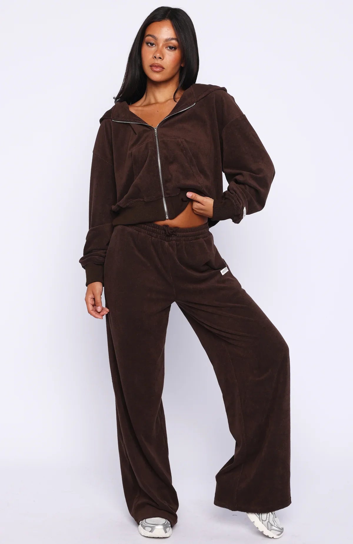 Causing Commotion Terry Boxy Zip Front Hoodie Chocolate