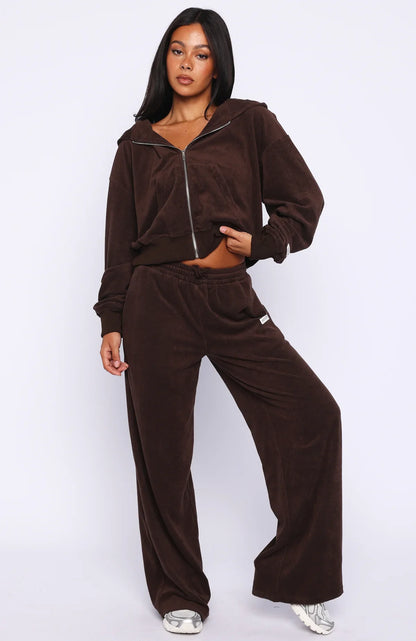 Causing Commotion Terry Boxy Zip Front Hoodie Chocolate