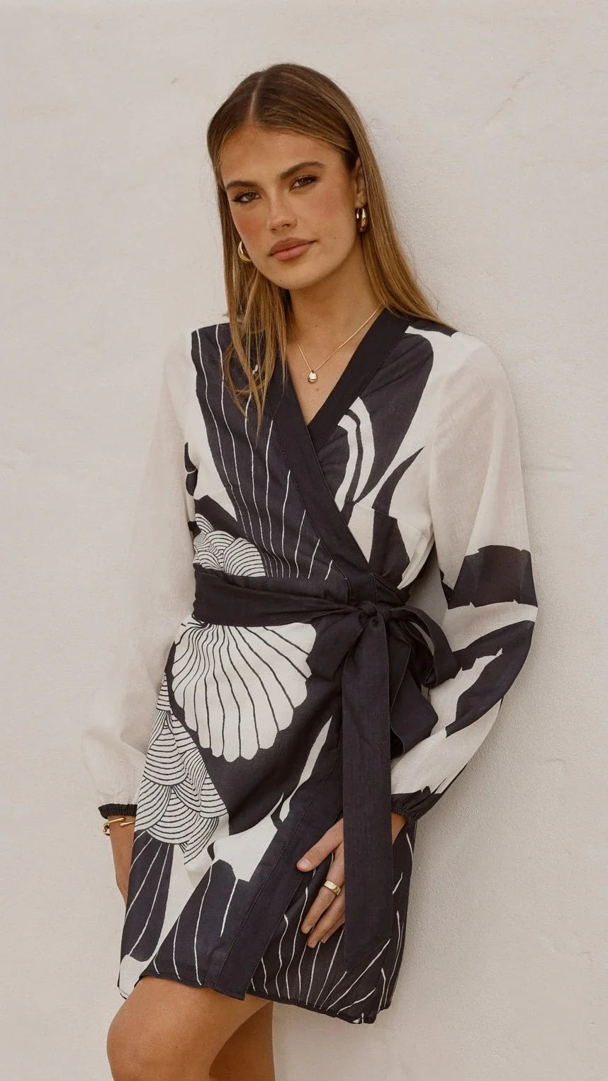 Cassidy Long Sleeve Mini Dress White Navy
