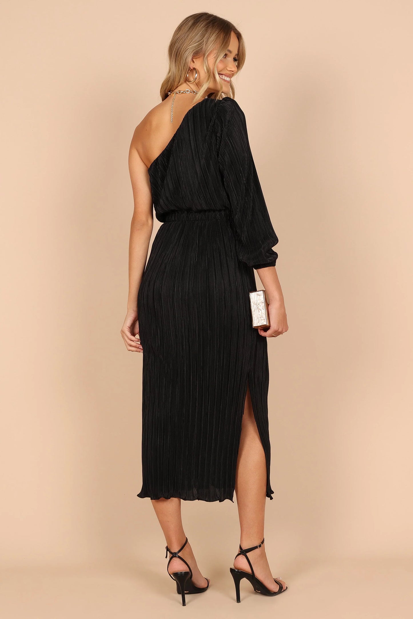 Pontee One Shoulder Pleated Midi Dress Black