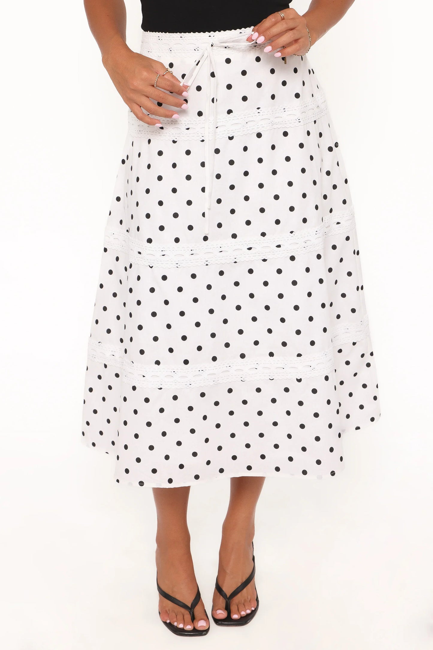 Lucia Tiered Midi Skirt White Polka Dot