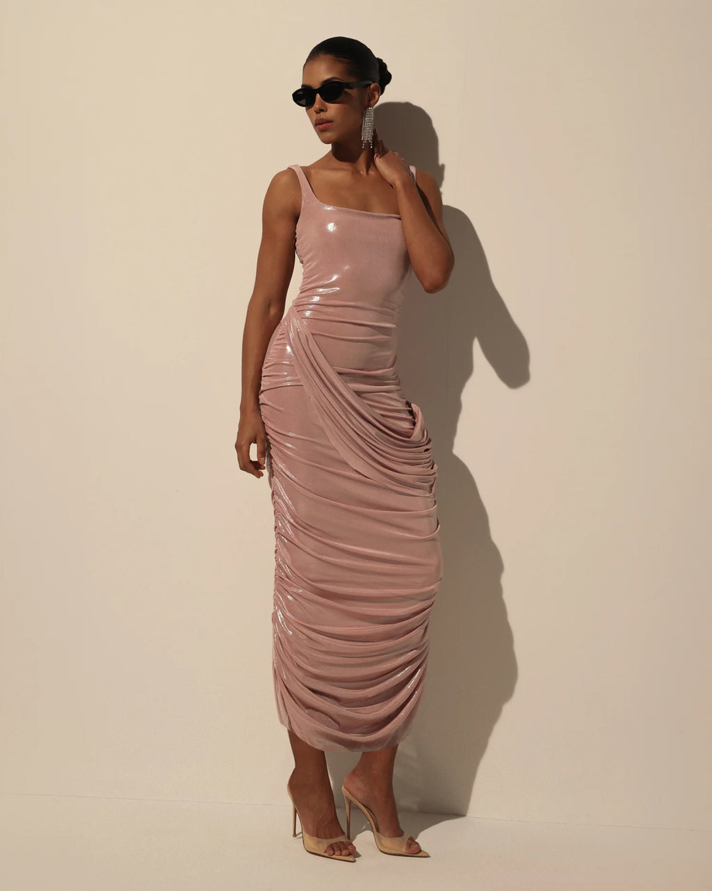 Draped Midi Dress with Metallic Sheen