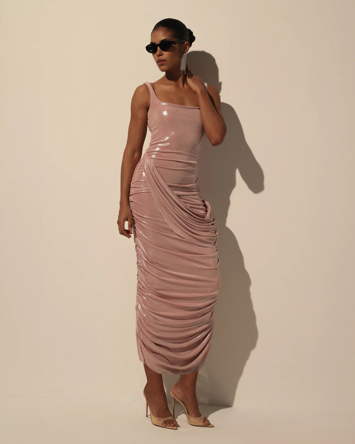 Draped Midi Dress with Metallic Sheen