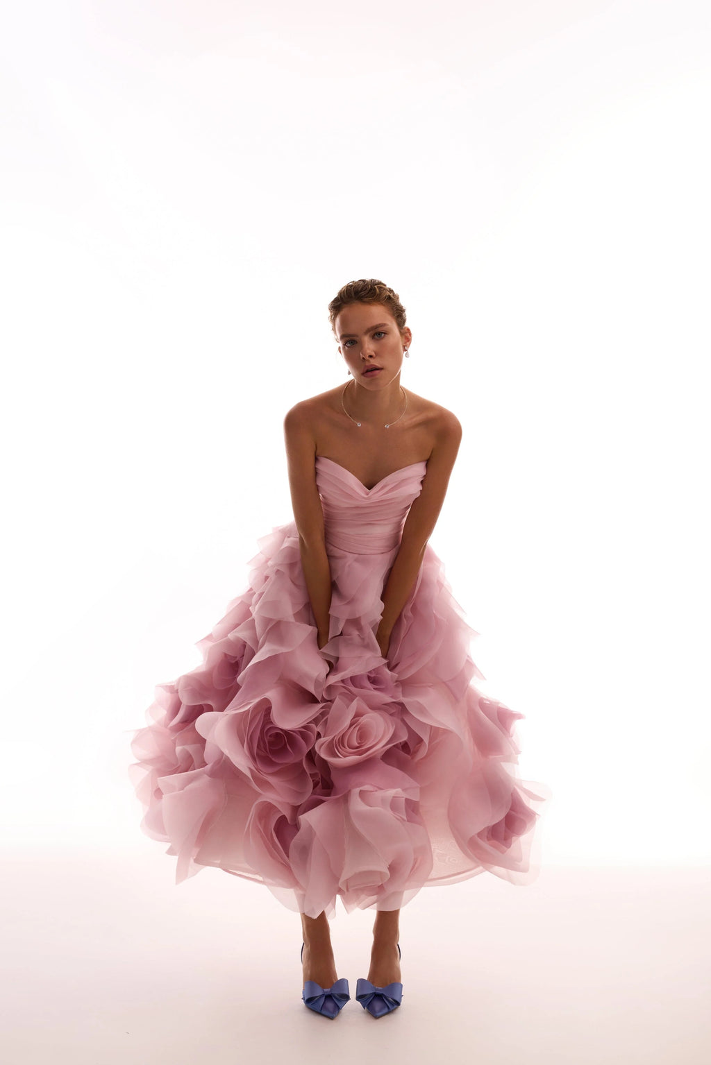 Dramatic flowered organza midi dress in misty rose Glow Up