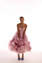Dramatic flowered organza midi dress in misty rose Glow Up