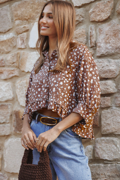 Ashe Cropped Button Up Top Brown Floral