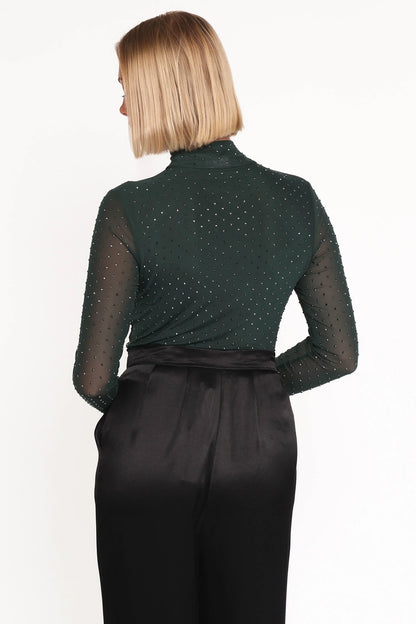 Alejandra Embellished Mesh Top Hunter Green