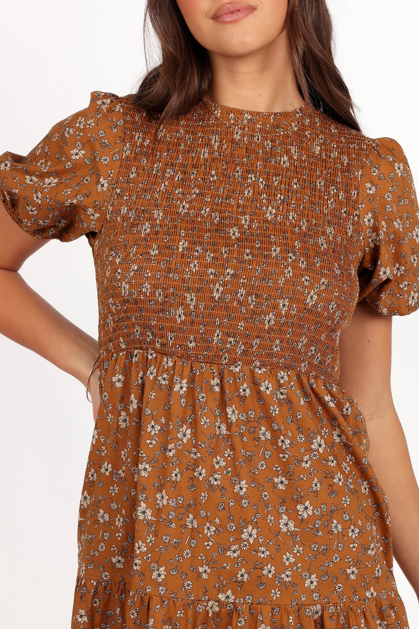 Naura Shirred Tiered Midi Dress Cognac Floral
