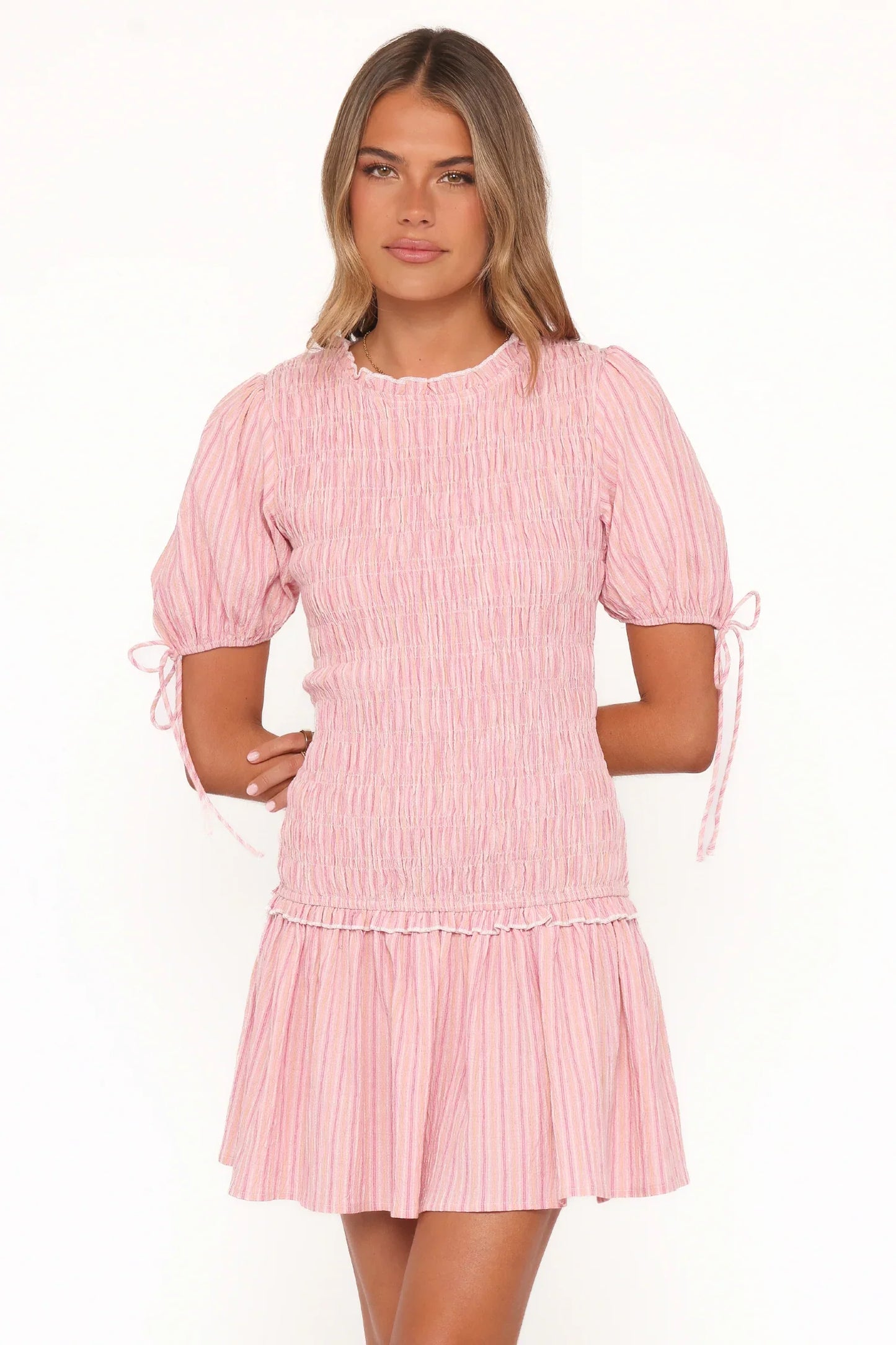 Kaelyn Gather Mini Dress Pink Stripe