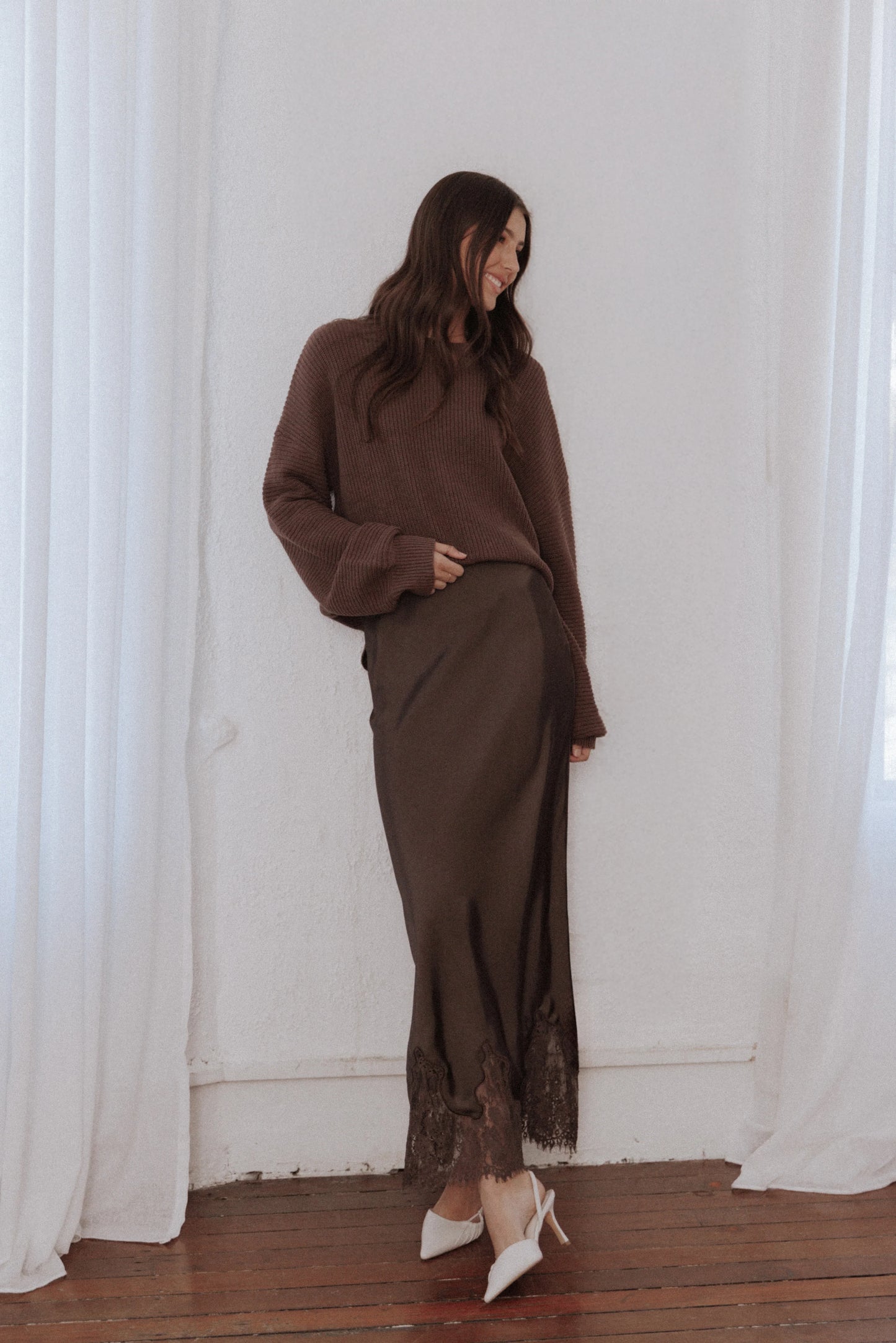 Alira Lace Trim Midi Skirt Brown