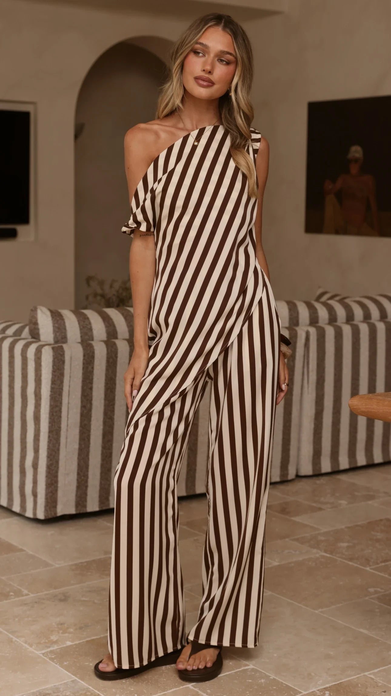 Liana Off Shoulder Top Pants Set Brown Stripe