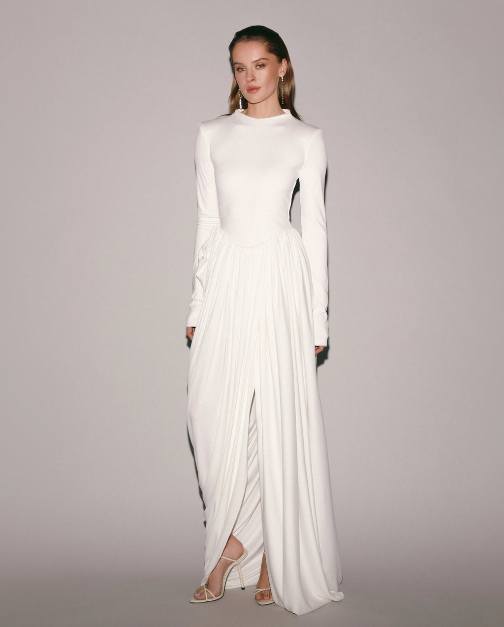 White Maxi Dress with Slit and Long Sleeves