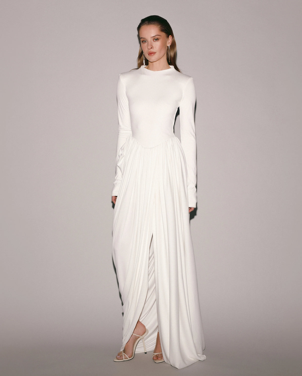 White Maxi Dress with Slit and Long Sleeves