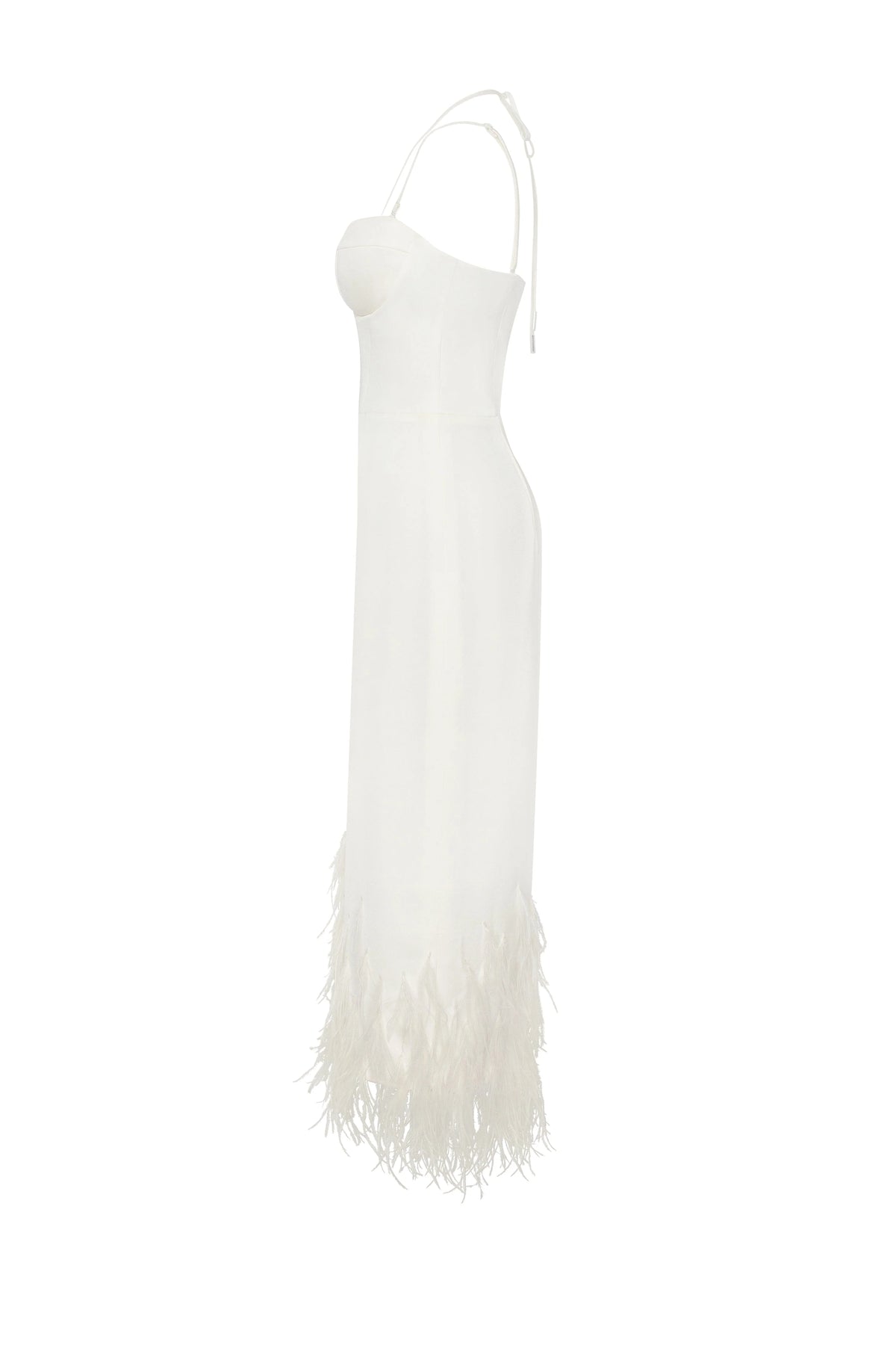 White cocktail dress decorated with feathers Xo Xo