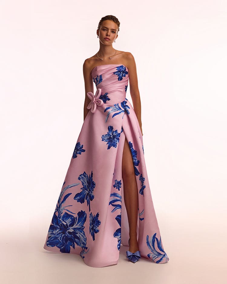 Dainty pink A line maxi dress with blue flowered pattern Glow Up