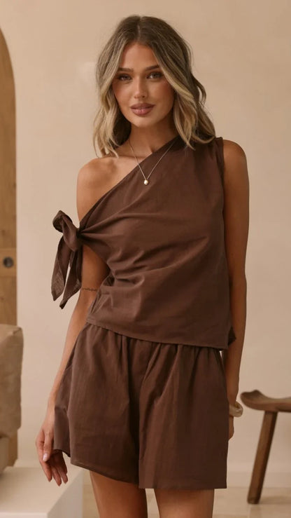 Zahavah Off Shoulder Top and Shorts Set Chocolate