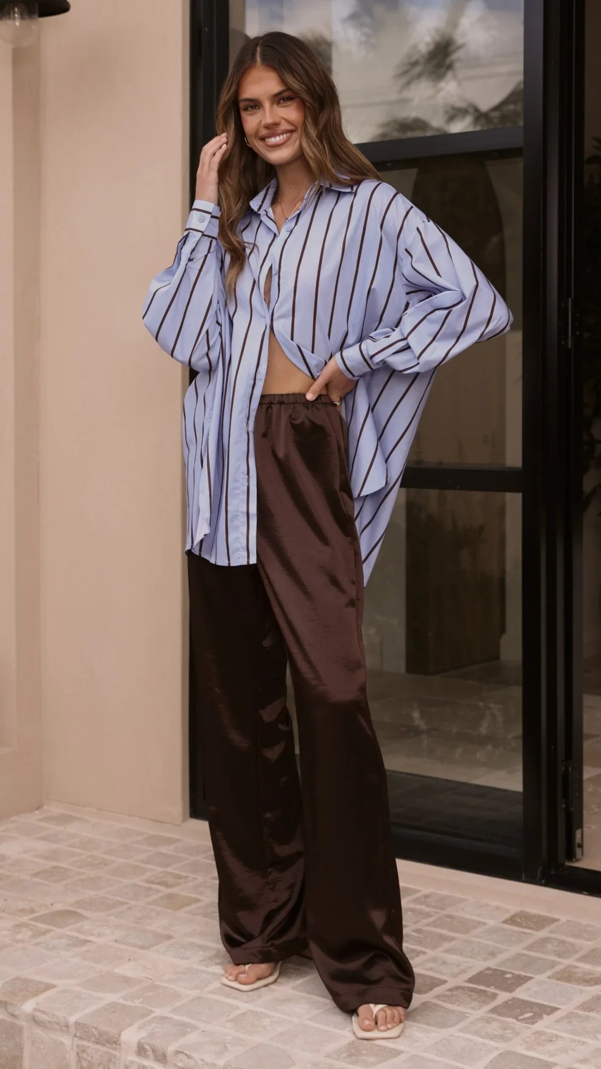 Arli Button Up Shirt Blue Brown Stripe