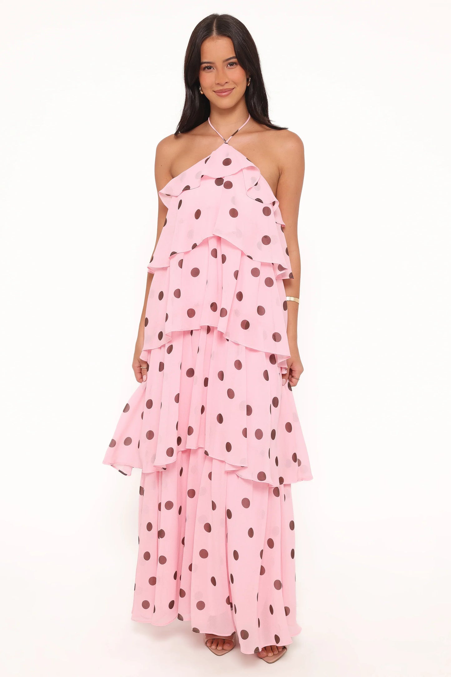 Chasity Halterneck Maxi Dress Pink Polka Dot