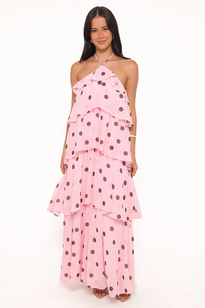 Chasity Halterneck Maxi Dress Pink Polka Dot