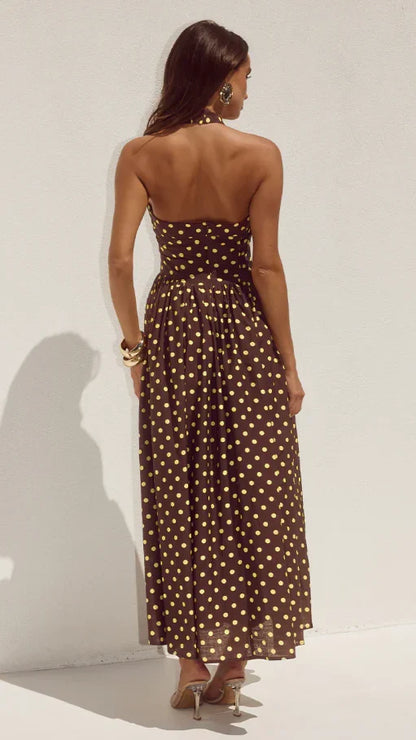 Sammi Halter Midi Dress Choc Lemon Polka