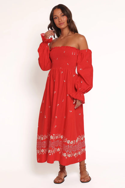 Domenica Shirred Long Sleeve Midi Dress Red Floral Bandana