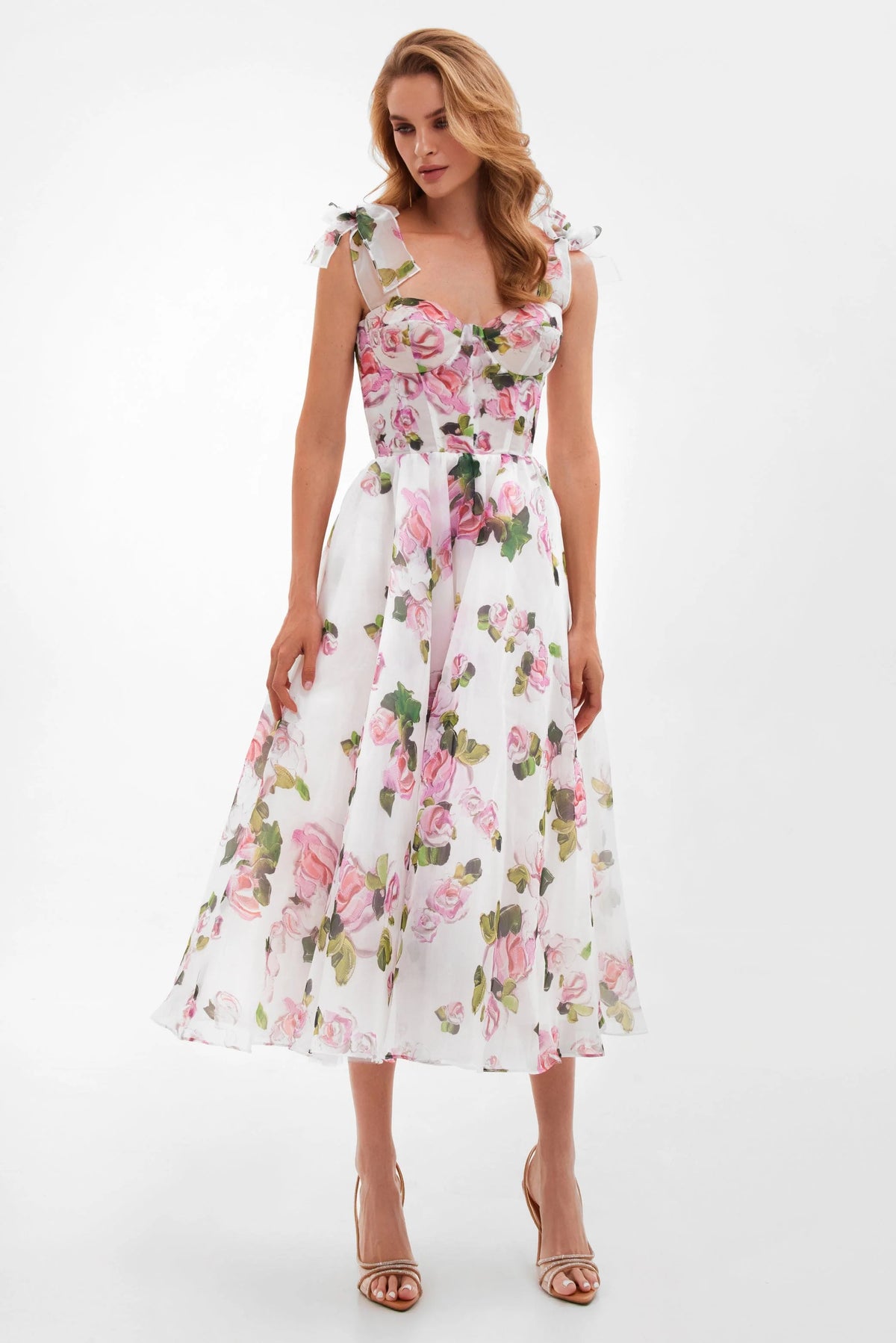 Tender floral midi tie strap dress